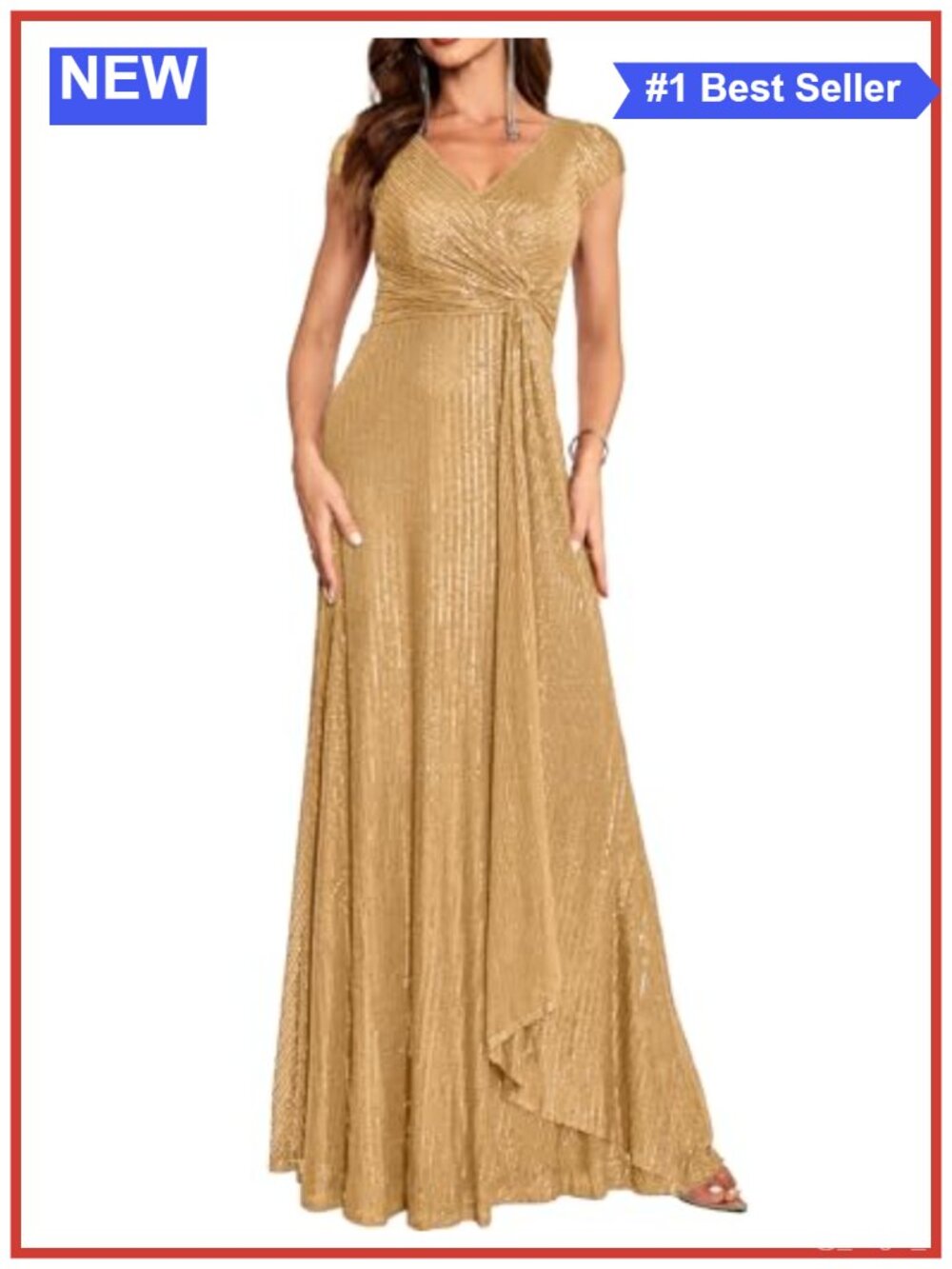 Sequin Maxi Formal Evening Gown V Neck Cap Sleeve Dress
